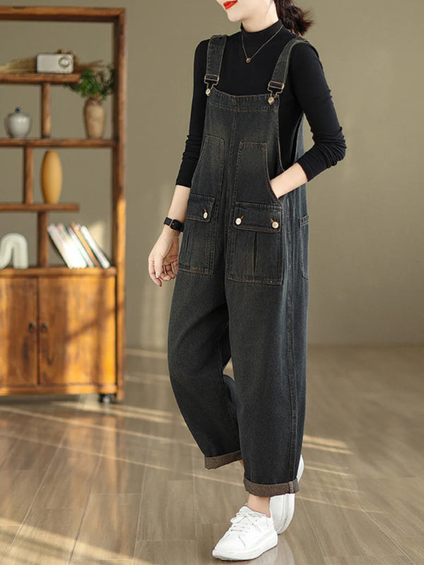 Casual Distressed Denim Overalls Dungarees