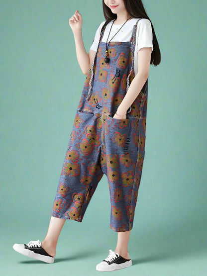 Floral Printed Shoulder Straps Overalls Dungarees