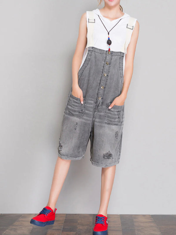 Simple Ripped Short Overalls Dungarees Women Short Dungarees