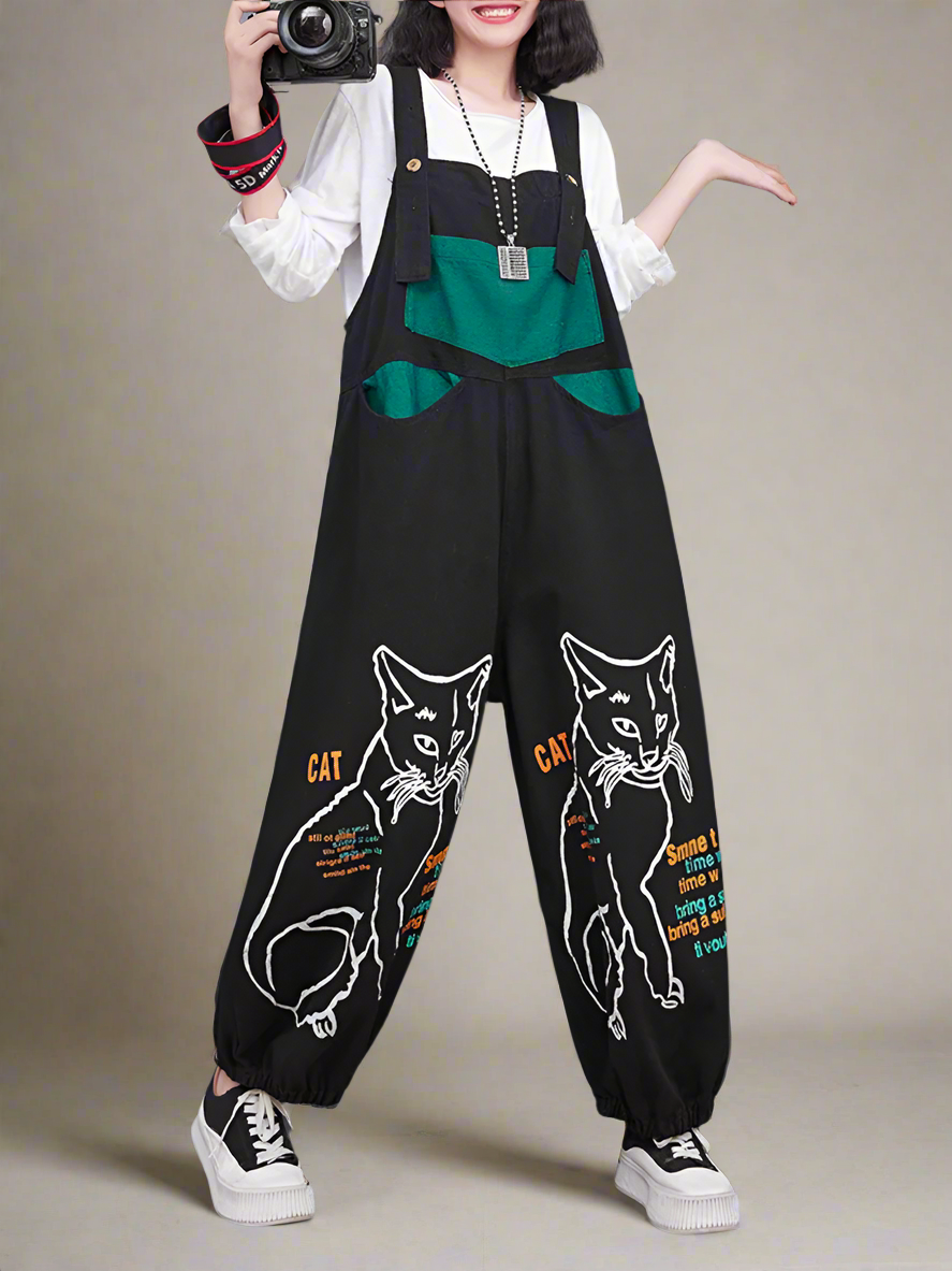 Vintage Cat Print Overalls Dungarees