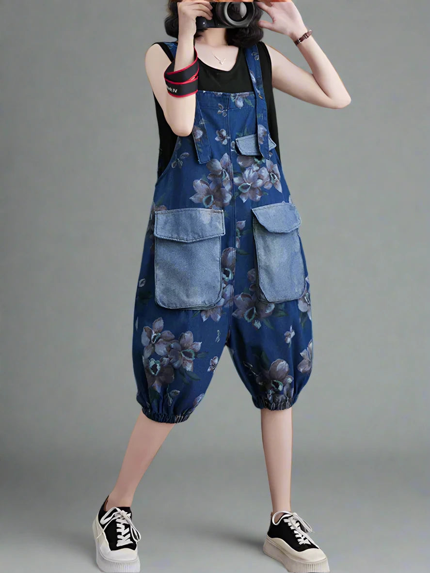 Flower Printed Bib Short Overalls Dungarees