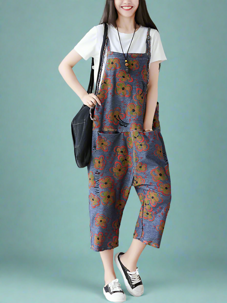 Floral Printed Shoulder Straps Overalls Dungarees