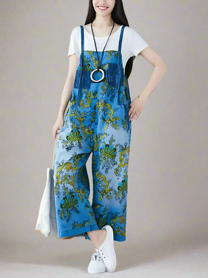 Floral Printed Front And Back Pockets Overalls Dungarees