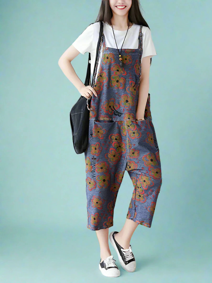 Floral Printed Shoulder Straps Overalls Dungarees