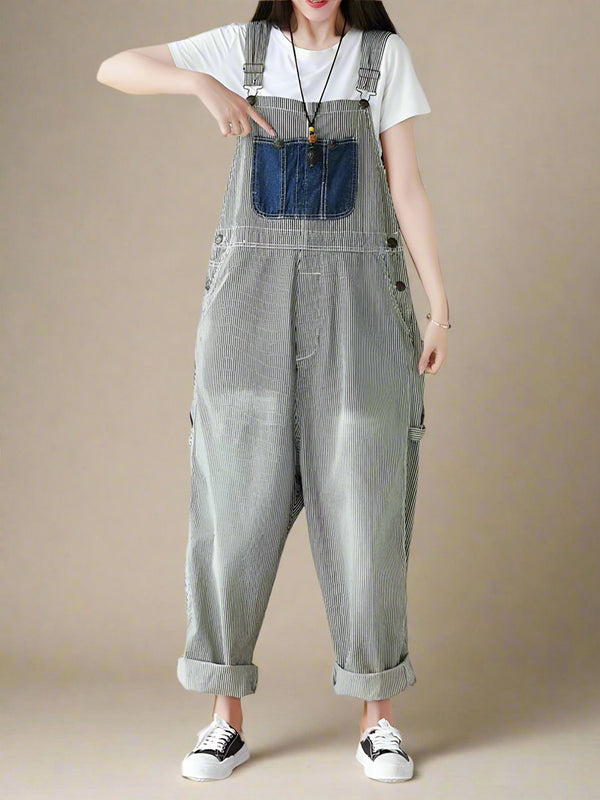 Vertical Stripped Baggy Overalls Dungarees,Women Overalls Dungarees