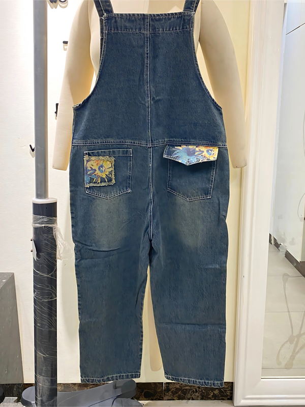 Printed Denim Overalls Dungarees