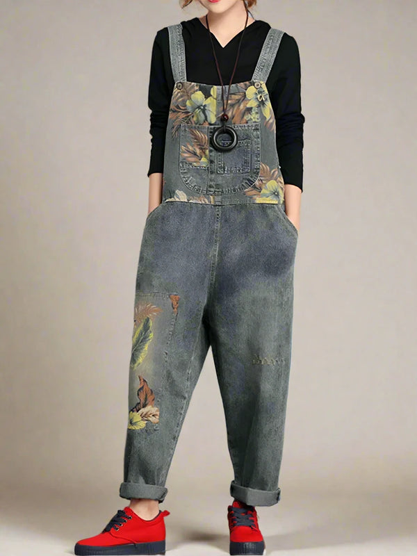 Loose Retro Printing Overalls Dungarees,Women Overalls Dungarees