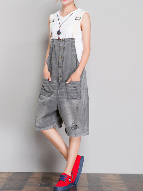 Simple Ripped Short Overalls Dungarees Women Short Dungarees