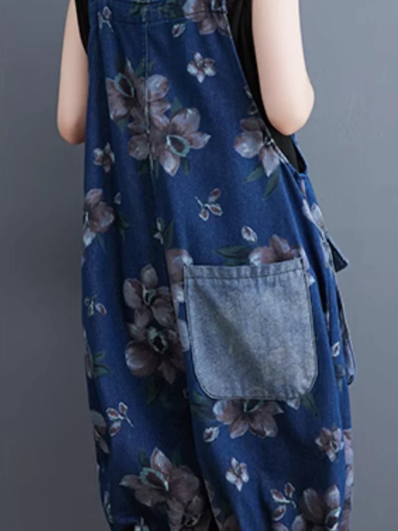 Flower Printed Bib Short Overalls Dungarees