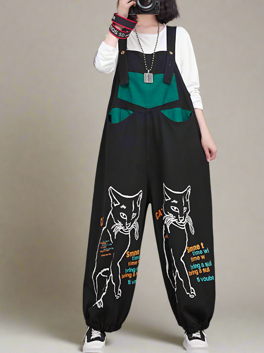 Vintage Cat Print Overalls Dungarees