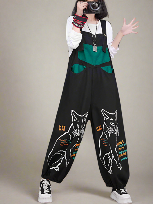 Vintage Cat Print Overalls Dungarees