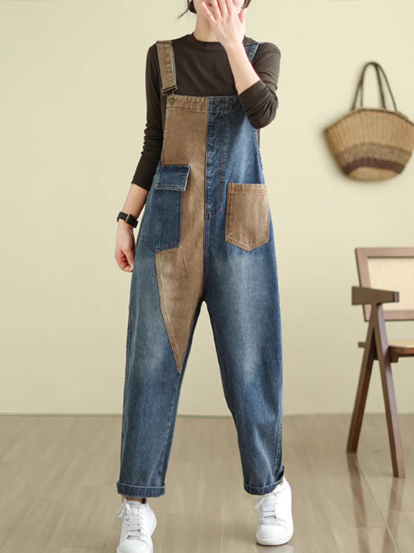 Artistic Contrast Overalls Dungarees Vintage Denim Women Overalls Dungarees