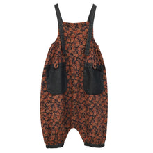 Retro Loose Coffee Color Floral Cotton Overalls Dungarees,Women Overalls Dungarees