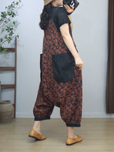 Retro Loose Coffee Color Floral Cotton Overalls Dungarees,Women Overalls Dungarees