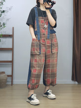 Retro Plaid Denim Patchwork Overalls Dungarees, Women Overalls Dungarees