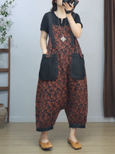 Retro Loose Coffee Color Floral Cotton Overalls Dungarees,Women Overalls Dungarees