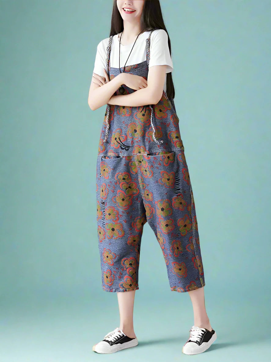 Floral Printed Shoulder Straps Overalls Dungarees