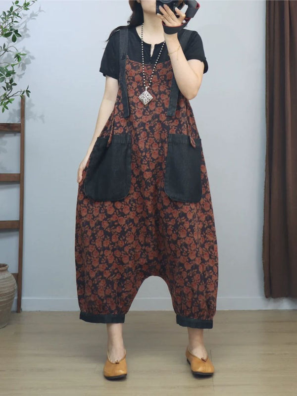 Retro Loose Coffee Color Floral Cotton Overalls Dungarees