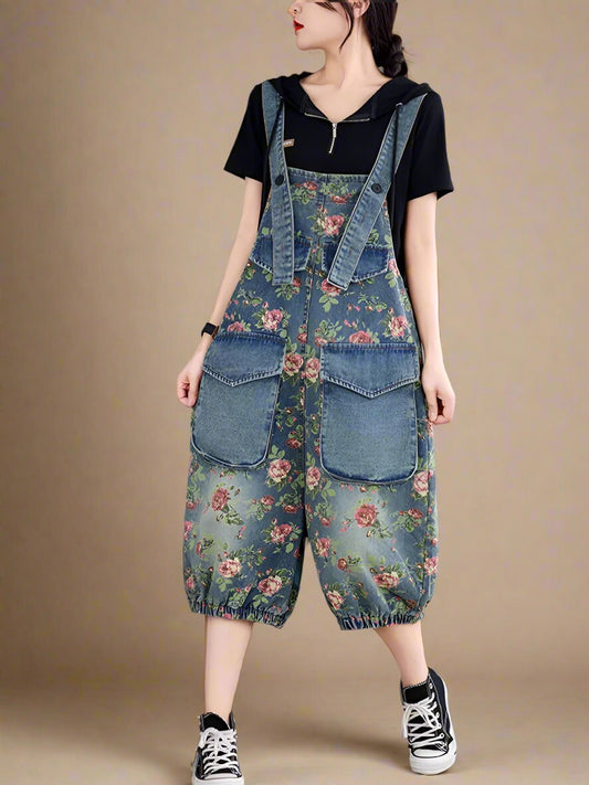 Retro Flower Printed Overalls Dungarees