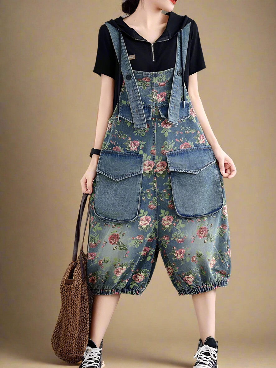 Retro Flower Printed Overalls Dungarees