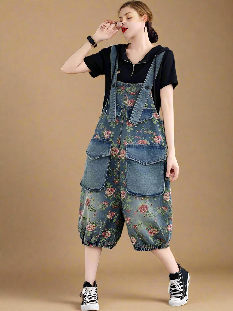 Retro Flower Printed Overalls Dungarees