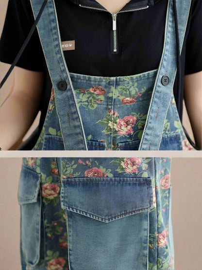 Retro Flower Printed Overalls Dungarees