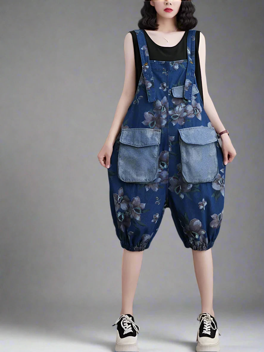 Flower Printed Bib Short Overalls Dungarees