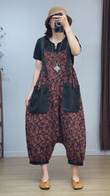 Retro Loose Coffee Color Floral Cotton Overalls Dungarees,Women Overalls Dungarees