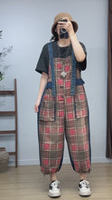 Retro Plaid Denim Patchwork Overalls Dungarees, Women Overalls Dungarees